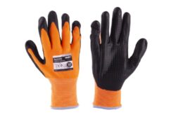 LOBSTER 101105 Rukavice pracovní vel.10 oranžovo/černé polomáčené - Bezešvý úplet máčený v nitrilu, protiskluzová úprava, terčíky v dlani, materiál: bavlna, polyester / nitril. 
Dle normy EN420 a EN388-4121X